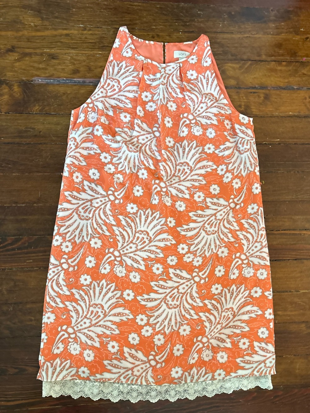 Loft Ann Taylor pink orange peach floral lace shift dress size 14